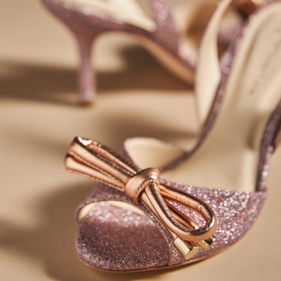 Anthropologie Shoes - Anthropologie Rose Gold Glitter Peep-Toe Heels with Metallic Bow